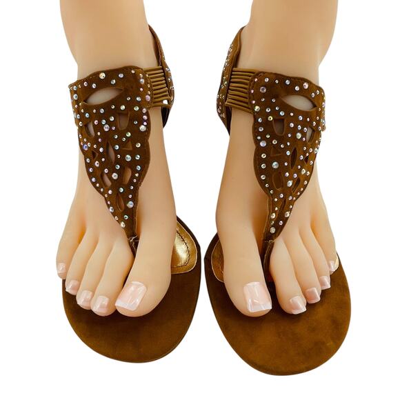 Rouge Shoes - Rouge Liam Brown Faux Suede Studded Dressy Kitten Gladiator Heel Sandals 7.5